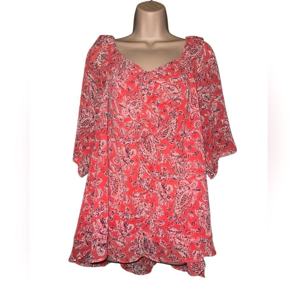 CATO. Peach Floral Ruffles Neckline 18/20W Line Elastic Shoulders beautiful-boho